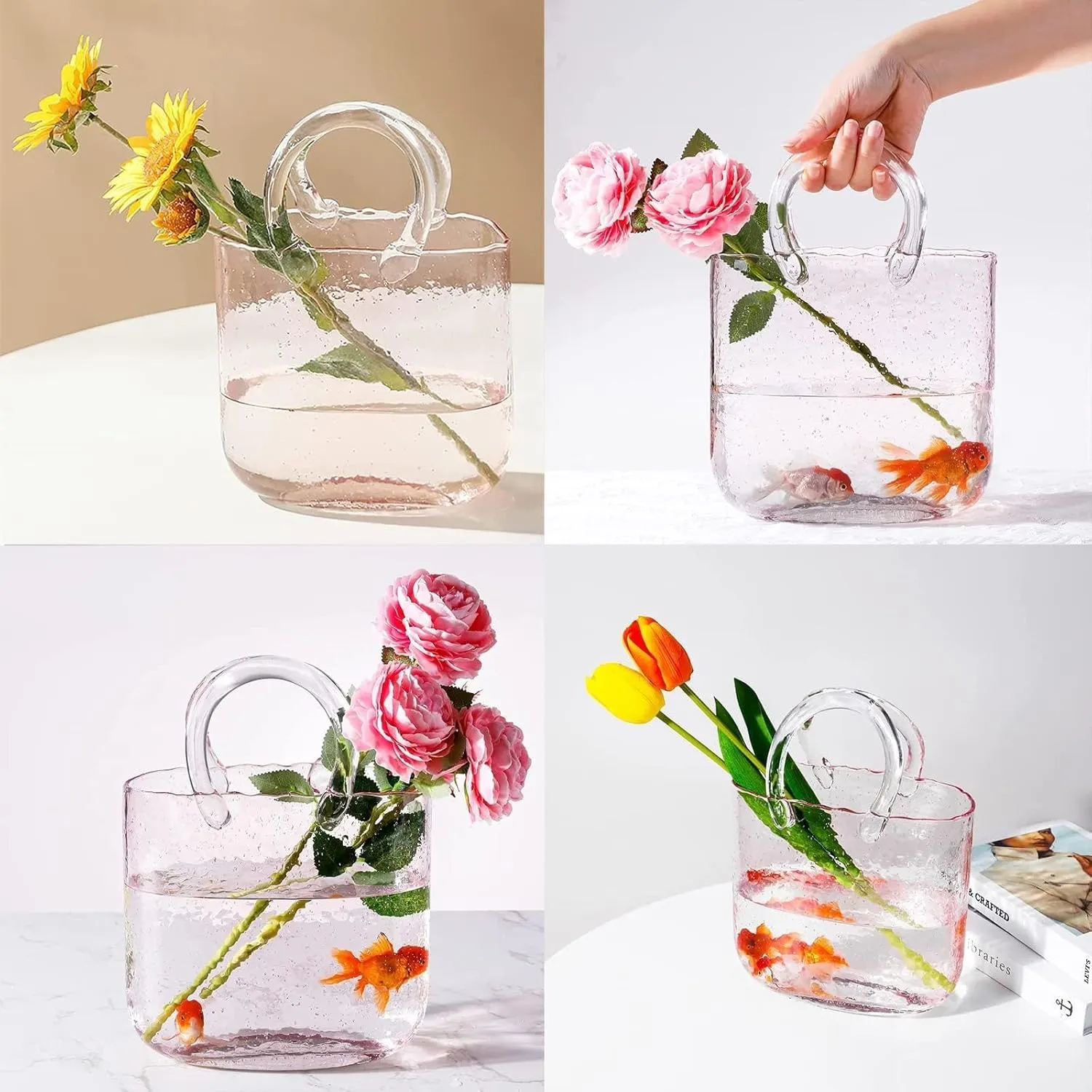 Purse Vase for Flowers, Hand Blown Glass Vase Purse Purse Vase with Fish Bowl Handbag Unique Flower Vase, for Flowers/Home Décor/Office,Style1-Pink