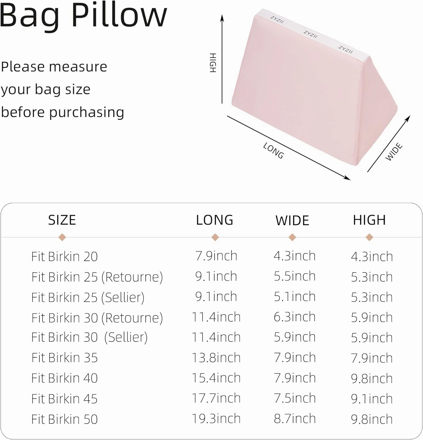 Purse Pillow for Birkin 20/25/30/35/40/45/50,Memory Foam Shaper Insert,Silky Bag Pillow for Luxury Handbag Tote（Pink,BK50）