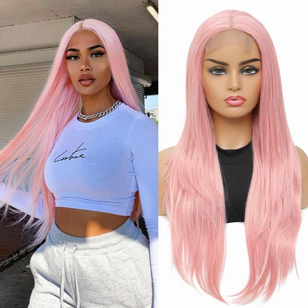 Qihang Long Pink Lace Front Wigs Silk Straight 4X4 Lace Pink Wigs for Women Natural Synthetic Lace Front Wig 24 Inch Glueless Colored Wig for Party Cosplay Use Heat Resistant