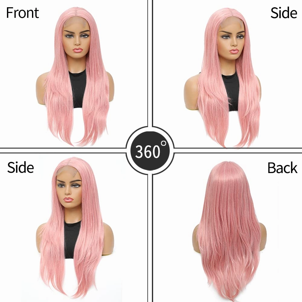 Qihang Long Pink Lace Front Wigs Silk Straight 4X4 Lace Pink Wigs for Women Natural Synthetic Lace Front Wig 24 Inch Glueless Colored Wig for Party Cosplay Use Heat Resistant