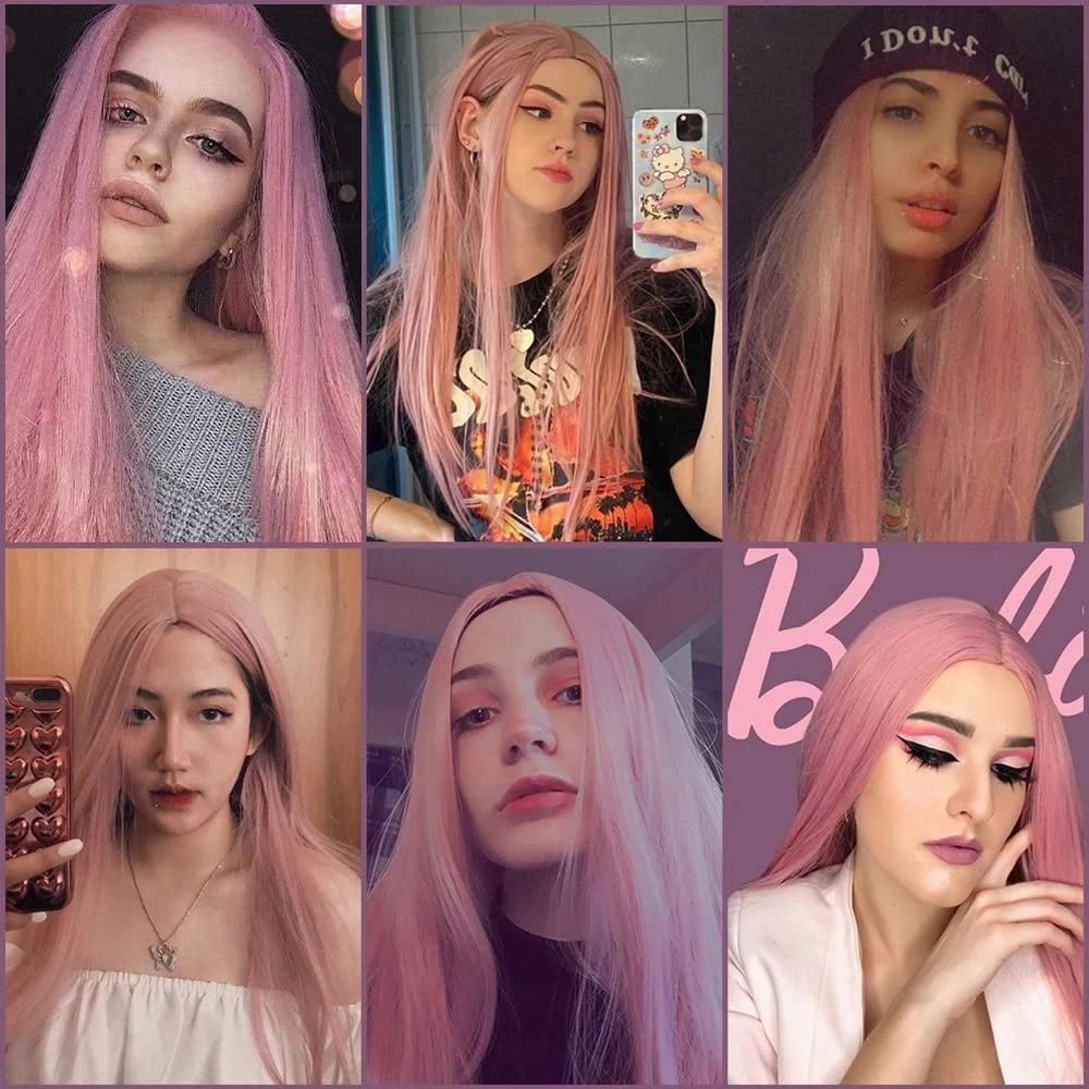 Qihang Long Pink Lace Front Wigs Silk Straight 4X4 Lace Pink Wigs for Women Natural Synthetic Lace Front Wig 24 Inch Glueless Colored Wig for Party Cosplay Use Heat Resistant