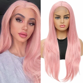 Qihang Long Pink Lace Front Wigs Silk Straight 4X4 Lace Pink Wigs for Women Natural Synthetic Lace Front Wig 24 Inch Glueless Colored Wig for Party Cosplay Use Heat Resistant