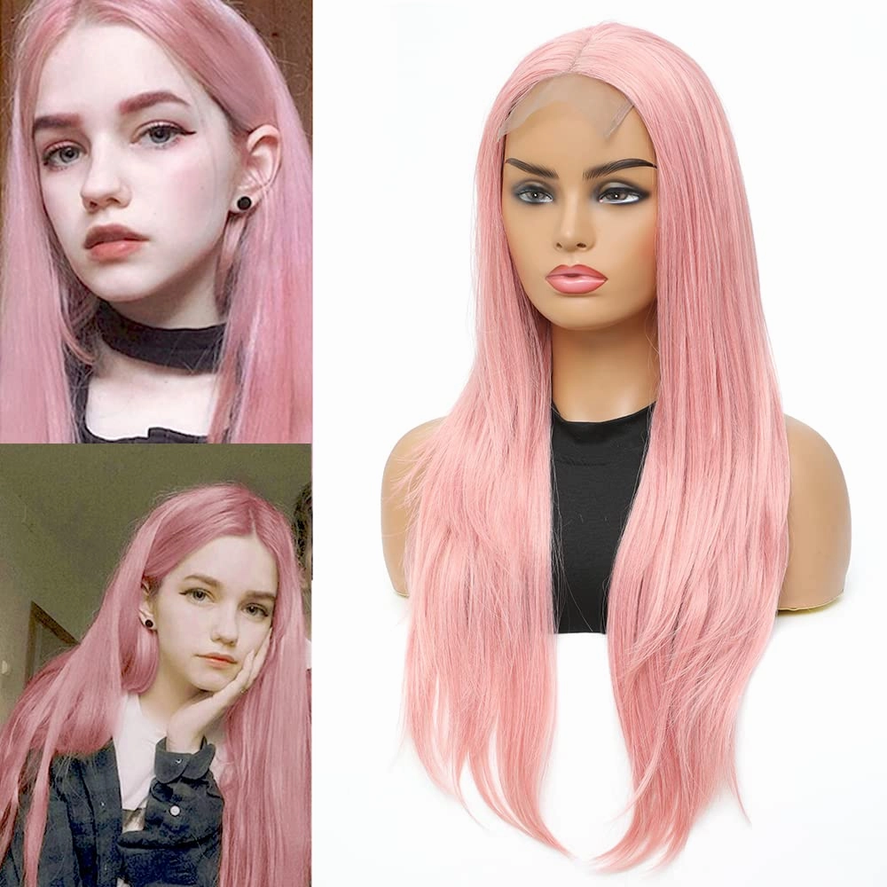 Qihang Long Pink Lace Front Wigs Silk Straight 4X4 Lace Pink Wigs for Women Natural Synthetic Lace Front Wig 24 Inch Glueless Colored Wig for Party Cosplay Use Heat Resistant