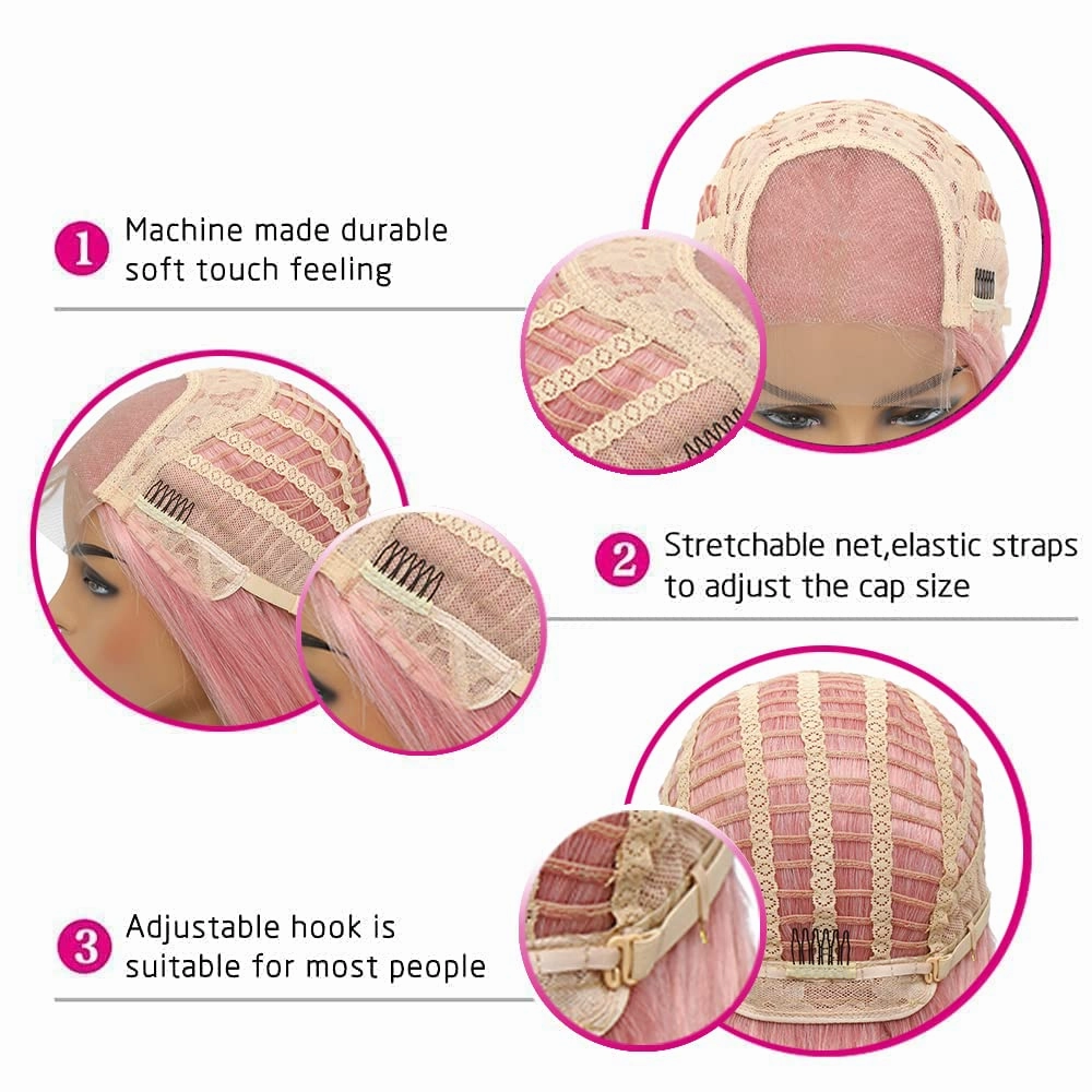 Qihang Long Pink Lace Front Wigs Silk Straight 4X4 Lace Pink Wigs for Women Natural Synthetic Lace Front Wig 24 Inch Glueless Colored Wig for Party Cosplay Use Heat Resistant