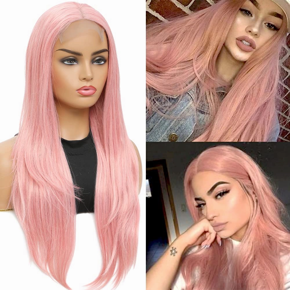 Qihang Long Pink Lace Front Wigs Silk Straight 4X4 Lace Pink Wigs for Women Natural Synthetic Lace Front Wig 24 Inch Glueless Colored Wig for Party Cosplay Use Heat Resistant