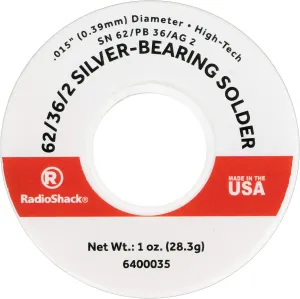 RadioShack SnPbAg 62/36/2 Silver-Bearing Rosin-Core Solder, 0.015" Diameter - 1.0oz
