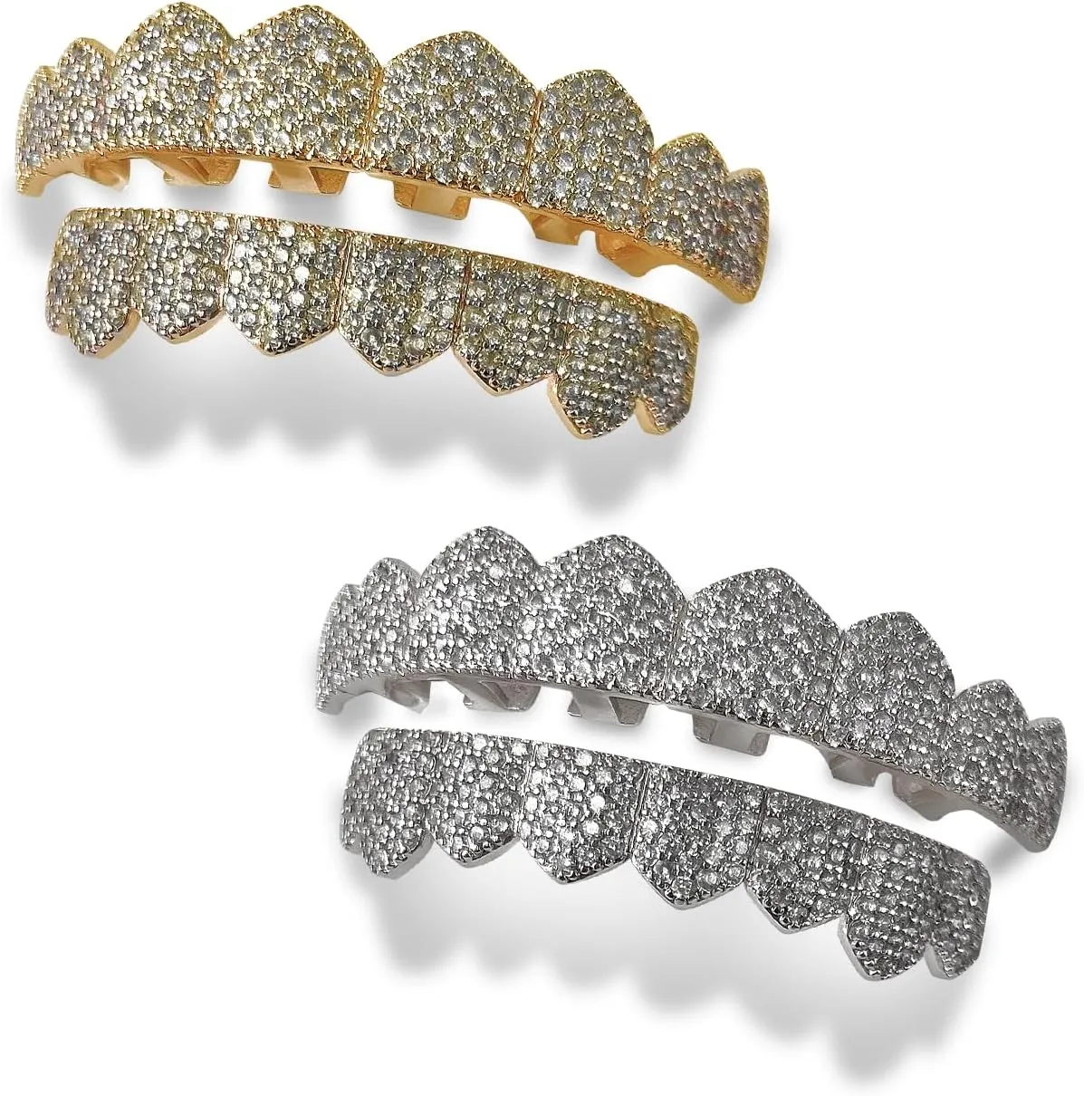 Rapper Men and Women Fashion Accessories Iced Out Diamond Grills Gold/Silver Finish 8 Top Teeth 8 Bottom Tooth with Extra Molding Bars