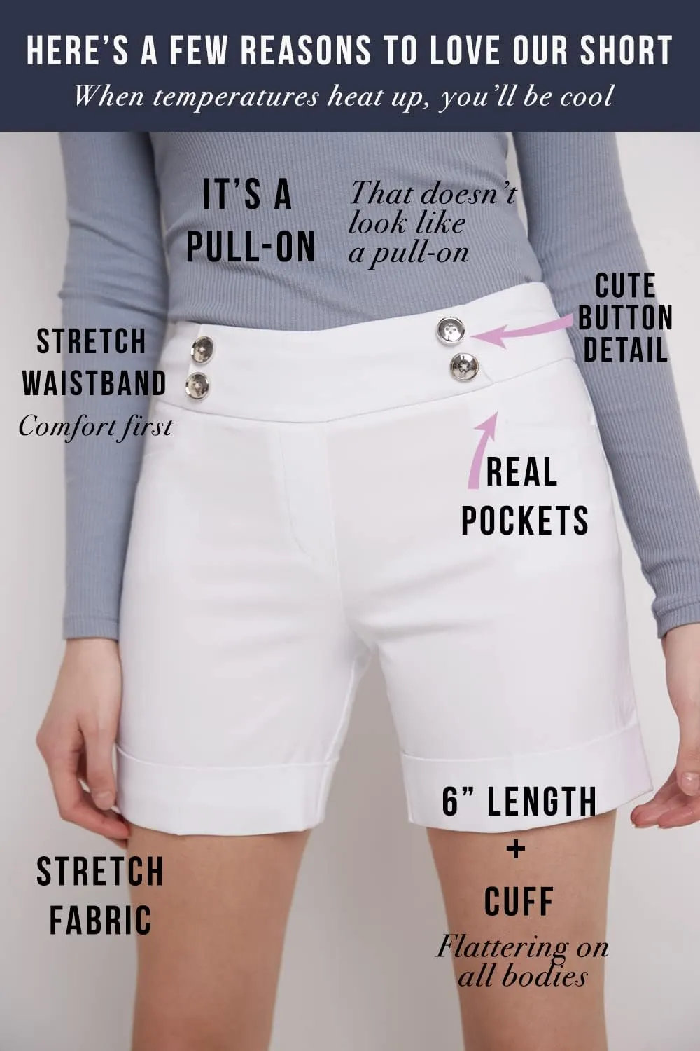 Rekucci Women's Ease Into Comfort 6 inch Cuffed Short with Button Detail