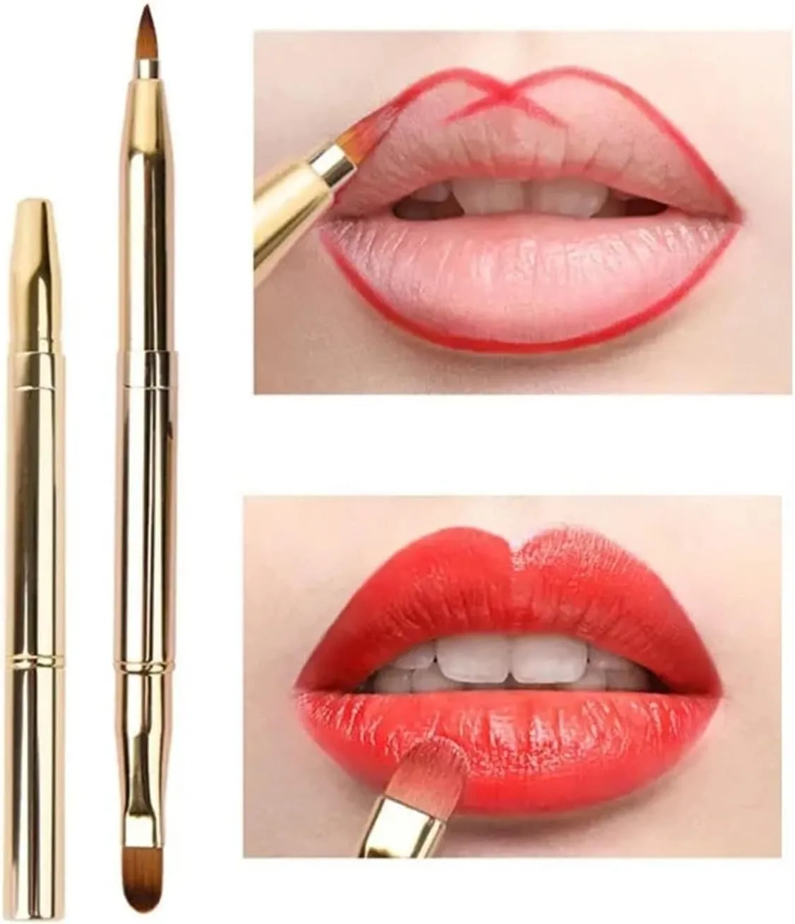 Retractable Lip Makeup Brush Lipstick Lip Gloss Brush Telescopic Dual Use Lip Eyeshadow Brush Beauty Tools with Protect Cap(Gold)