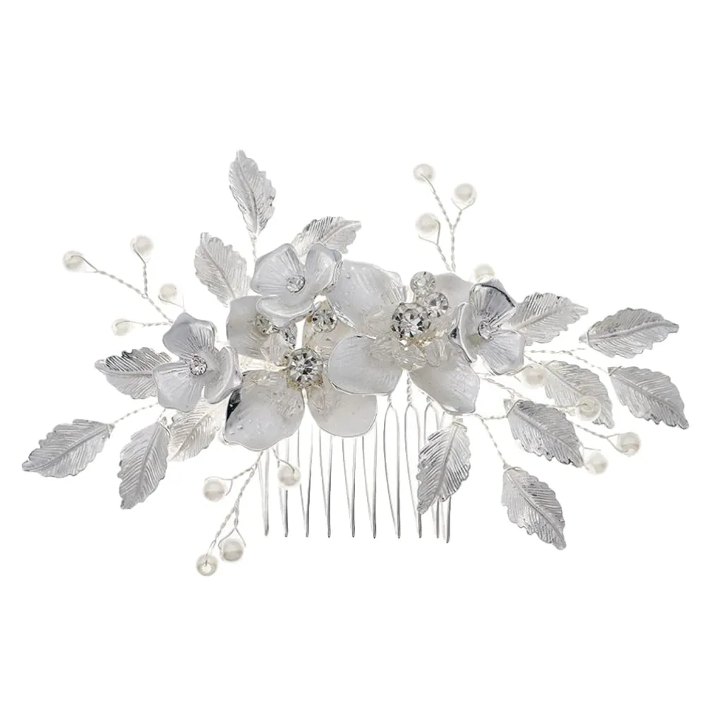 Rhinestone Hair Clips Bride Flower Hair Comb Crystals Insert Comb Leaf Bridal Headdress Bridesmaid Rhinestones Headpiece for Women Wedding Party Decoration Womens Hair Clips
