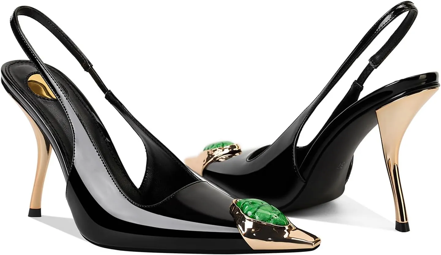 Rhinestones Slingback Kitten Heels Pointed Closed Toe Pumps for Women, Stiletto 4Inch High Heeled Sandals for Dress Shoes