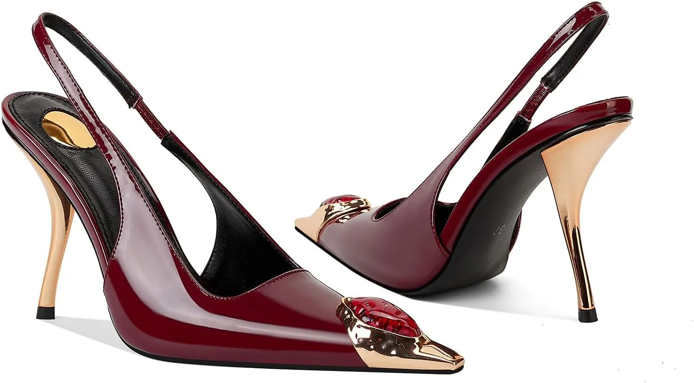Rhinestones Slingback Kitten Heels Pointed Closed Toe Pumps for Women, Stiletto 4Inch High Heeled Sandals for Dress Shoes
