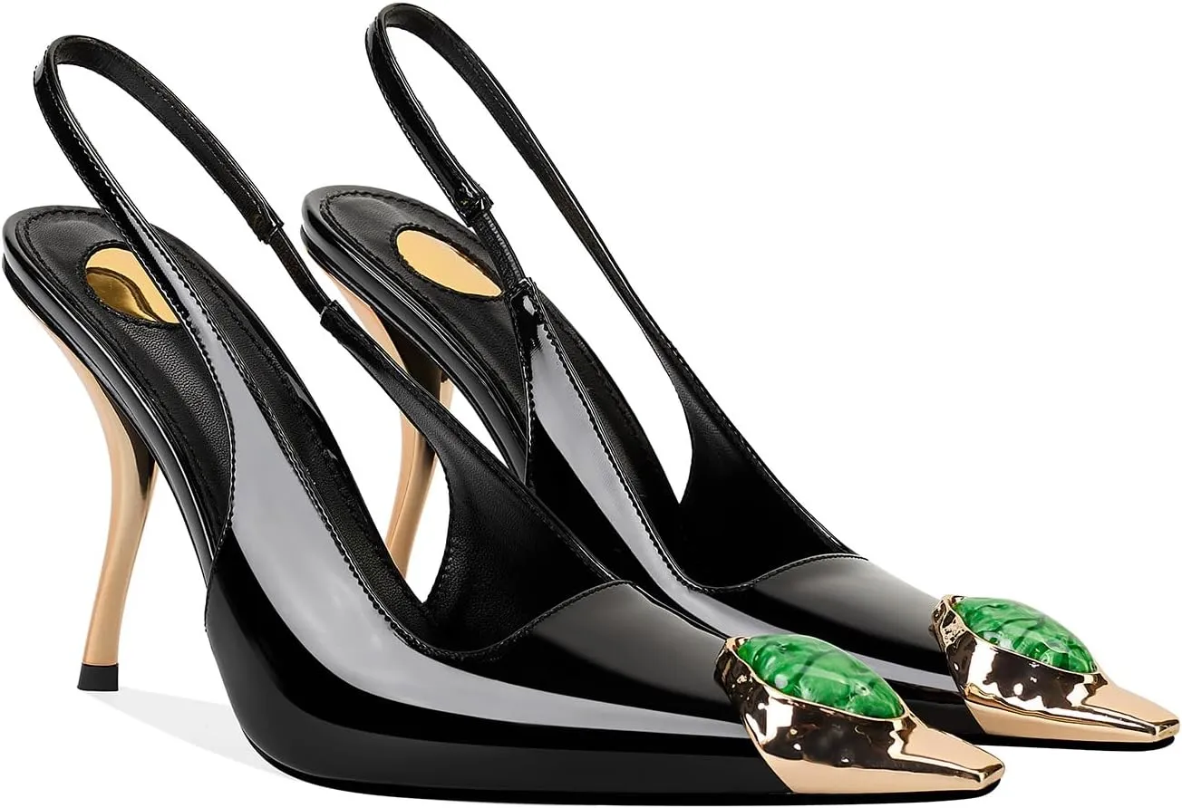 Rhinestones Slingback Kitten Heels Pointed Closed Toe Pumps for Women, Stiletto 4Inch High Heeled Sandals for Dress Shoes