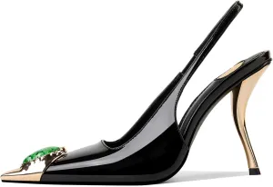 Rhinestones Slingback Kitten Heels Pointed Closed Toe Pumps for Women, Stiletto 4Inch High Heeled Sandals for Dress Shoes