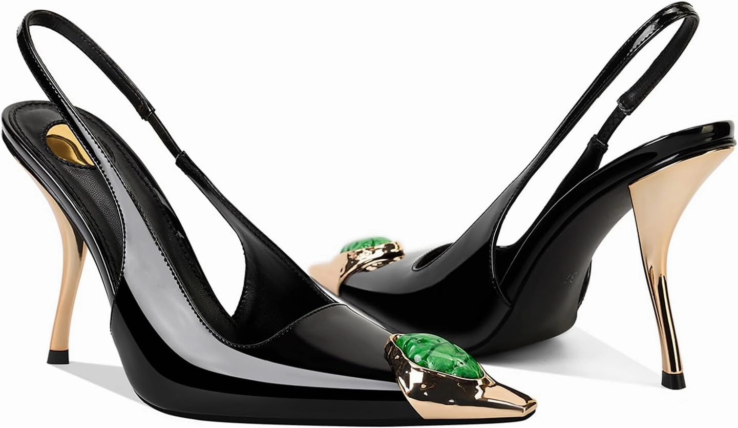 Rhinestones Slingback Kitten Heels Pointed Closed Toe Pumps for Women, Stiletto 4Inch High Heeled Sandals for Dress Shoes