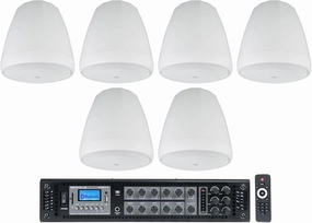 Rockville Receiver Bundle with (6) JBL Control 67 P/T 6.5" Commercial 70v White Hanging Pendant Speakers (7 Items)