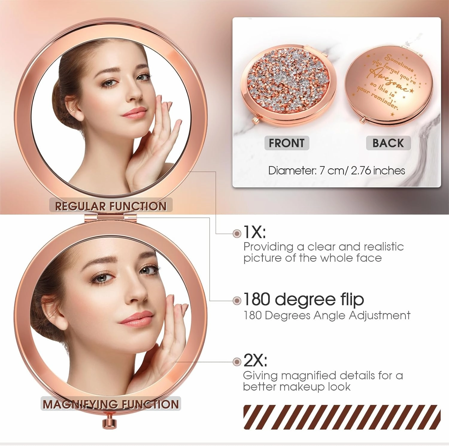 Roowest 30 Pcs Inspirational Compact Mirror Sometimes You Forget You're Awesome Appreciation Gifts for Women Employee Coworker Friends Birthday Party Favors Magnifying Pocket Mirror (Rose Gold)