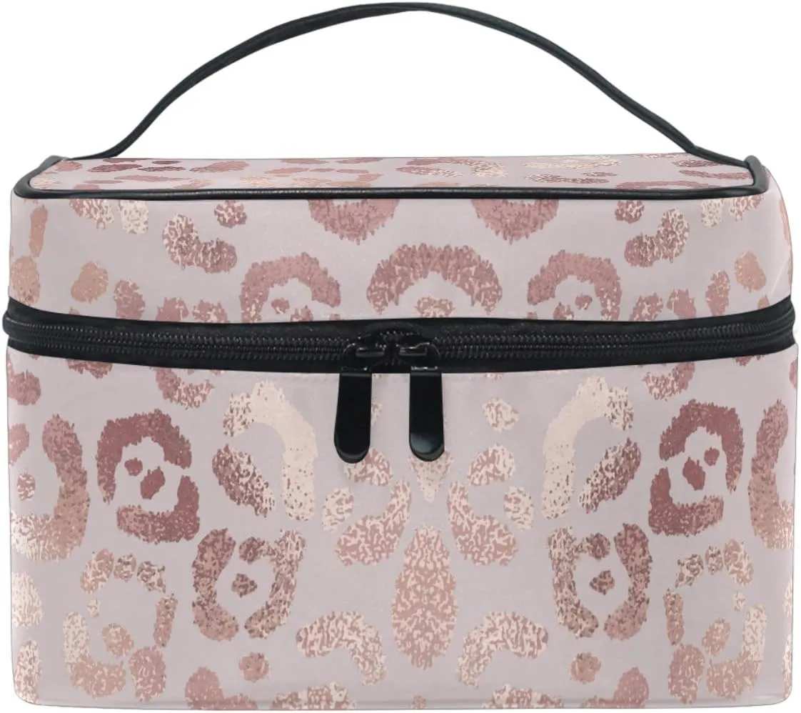 Rose Gold Leopard Makeup Bag Cosmetic Toiletry Travel Brush Bags with Zipper Beauty Train Case Carrying Portable Multifunctional Organizer Storage Pouch Box for Women Girls