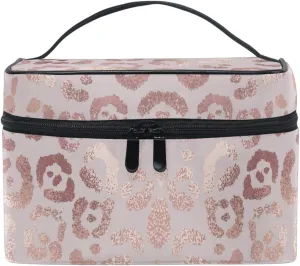 Rose Gold Leopard Makeup Bag Cosmetic Toiletry Travel Brush Bags with Zipper Beauty Train Case Carrying Portable Multifunctional Organizer Storage Pouch Box for Women Girls