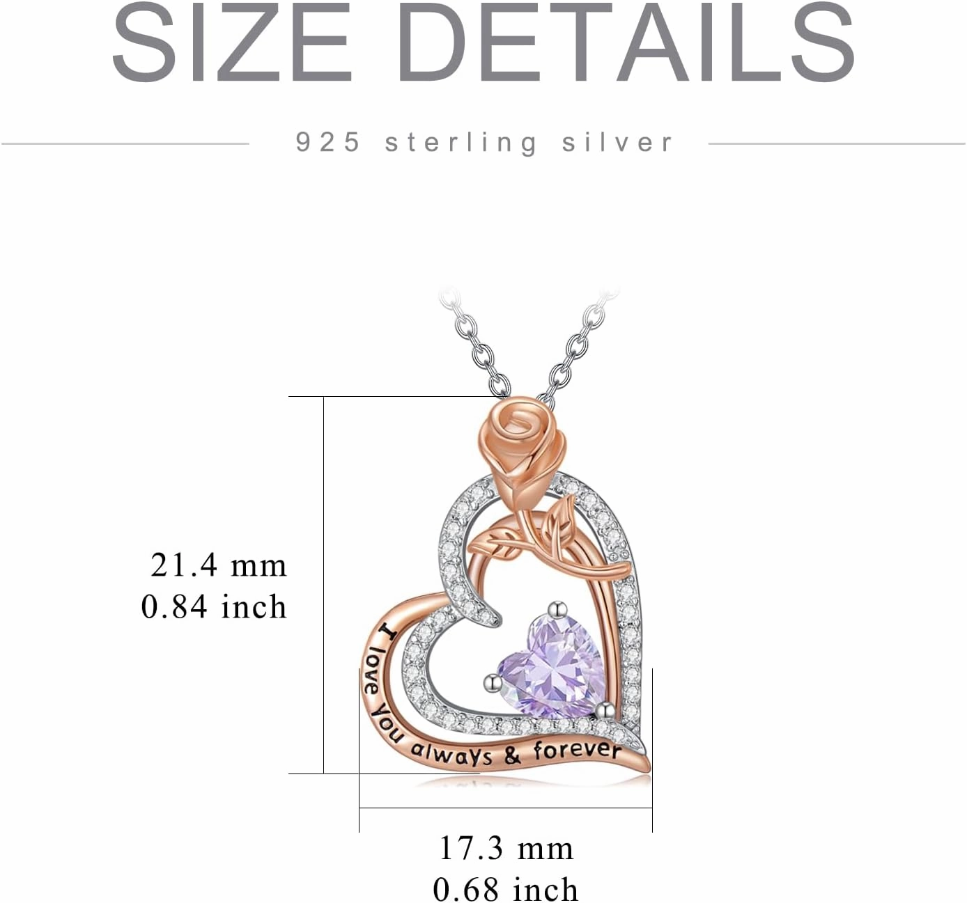 Rose Birthstone Necklace 925 Sterling Silver Heart Birthstone Pendant Necklaces I Love You Always and Forever Necklace Jewelry Gifts for Women Wife Her Mom