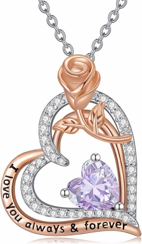 Rose Birthstone Necklace 925 Sterling Silver Heart Birthstone Pendant Necklaces I Love You Always and Forever Necklace Jewelry Gifts for Women Wife Her Mom