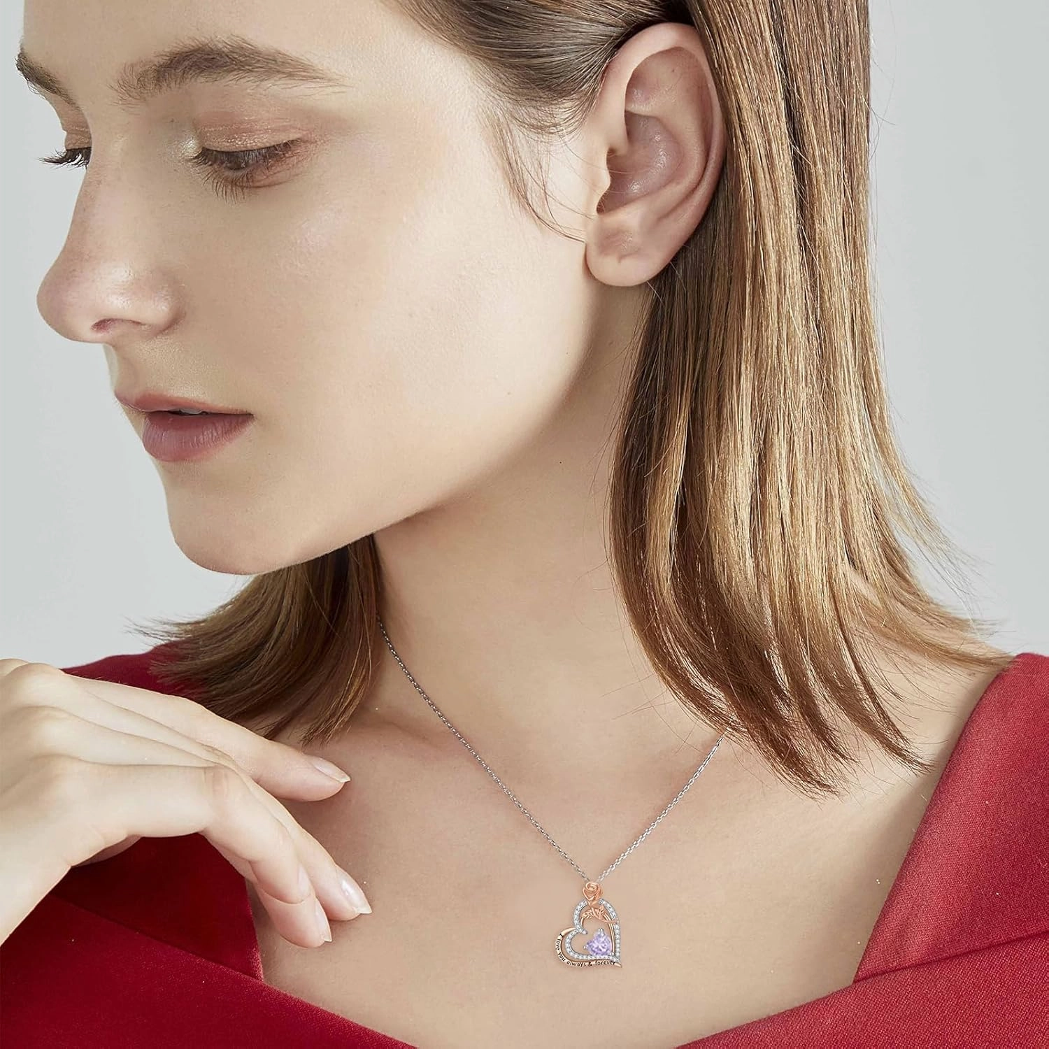 Rose Birthstone Necklace 925 Sterling Silver Heart Birthstone Pendant Necklaces I Love You Always and Forever Necklace Jewelry Gifts for Women Wife Her Mom