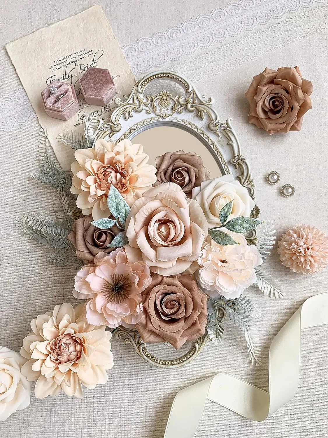 Roses Artificial Flowers Nude Fake Flower for DIY Wedding Bouquet Bridal Baby Shower Decorations Party Table Centerpieces Cake Decorating Silk Floral Arrangement Home Decor Indoor Beige