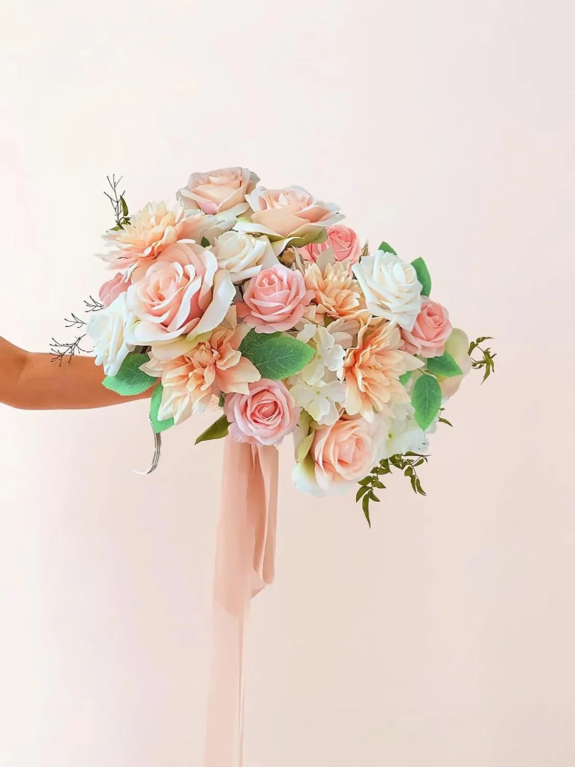 Roses Artificial Flowers Peach Bouquet Box Set Fake Flower for DIY Bridal Wedding Shower Decorations Table Centerpieces Faux Silk Floral Arrangement for Party Home Decor Indoor Pink