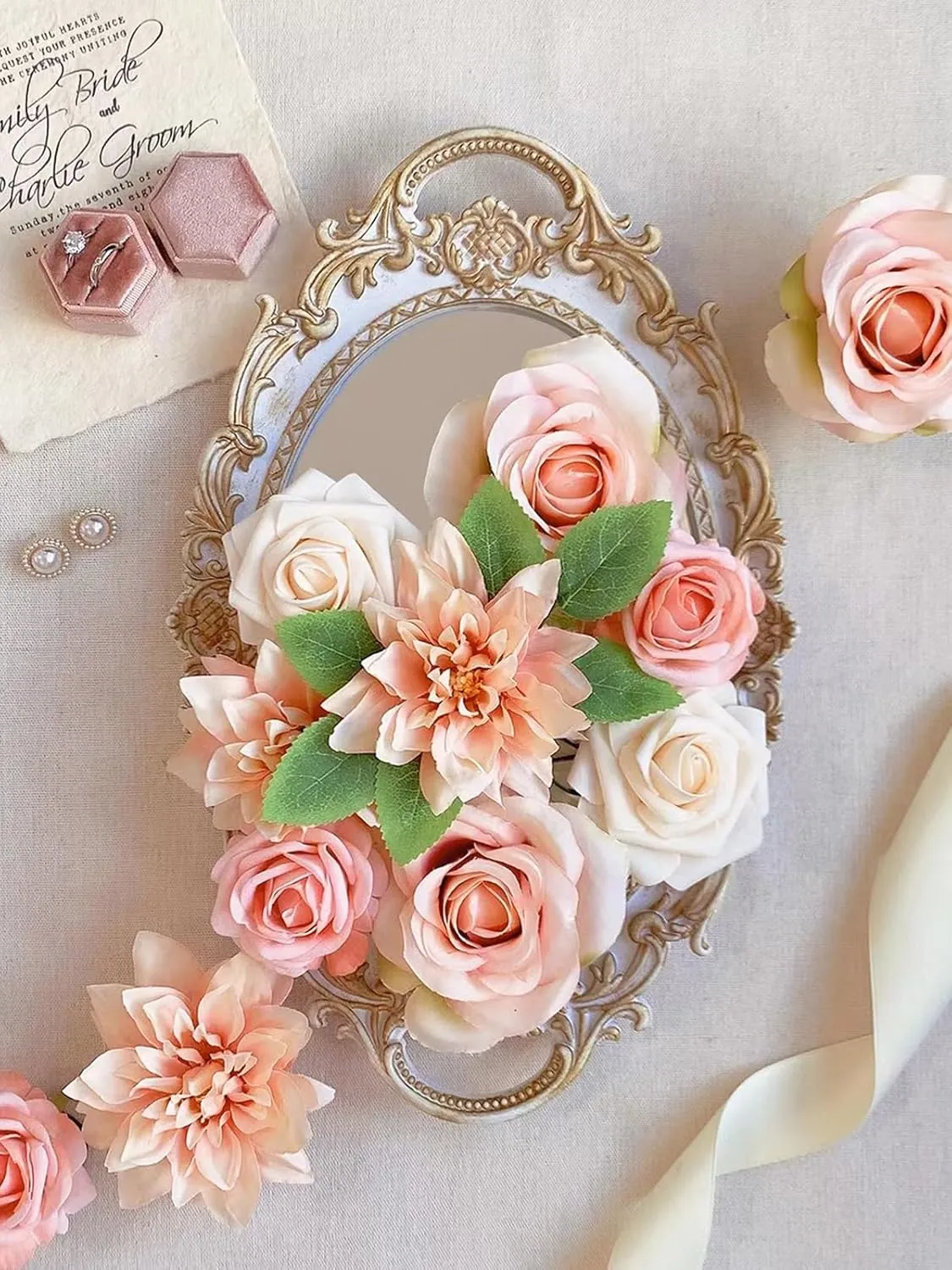 Roses Artificial Flowers Peach Bouquet Box Set Fake Flower for DIY Bridal Wedding Shower Decorations Table Centerpieces Faux Silk Floral Arrangement for Party Home Decor Indoor Pink