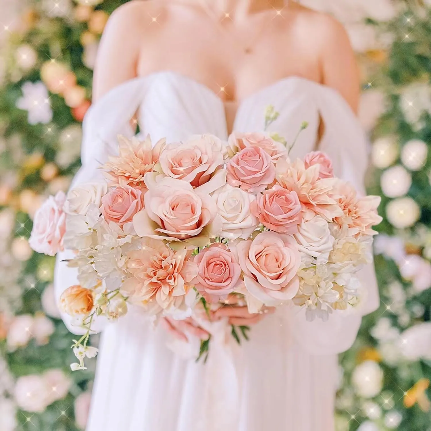 Roses Artificial Flowers Peach Bouquet Box Set Fake Flower for DIY Bridal Wedding Shower Decorations Table Centerpieces Faux Silk Floral Arrangement for Party Home Decor Indoor Pink