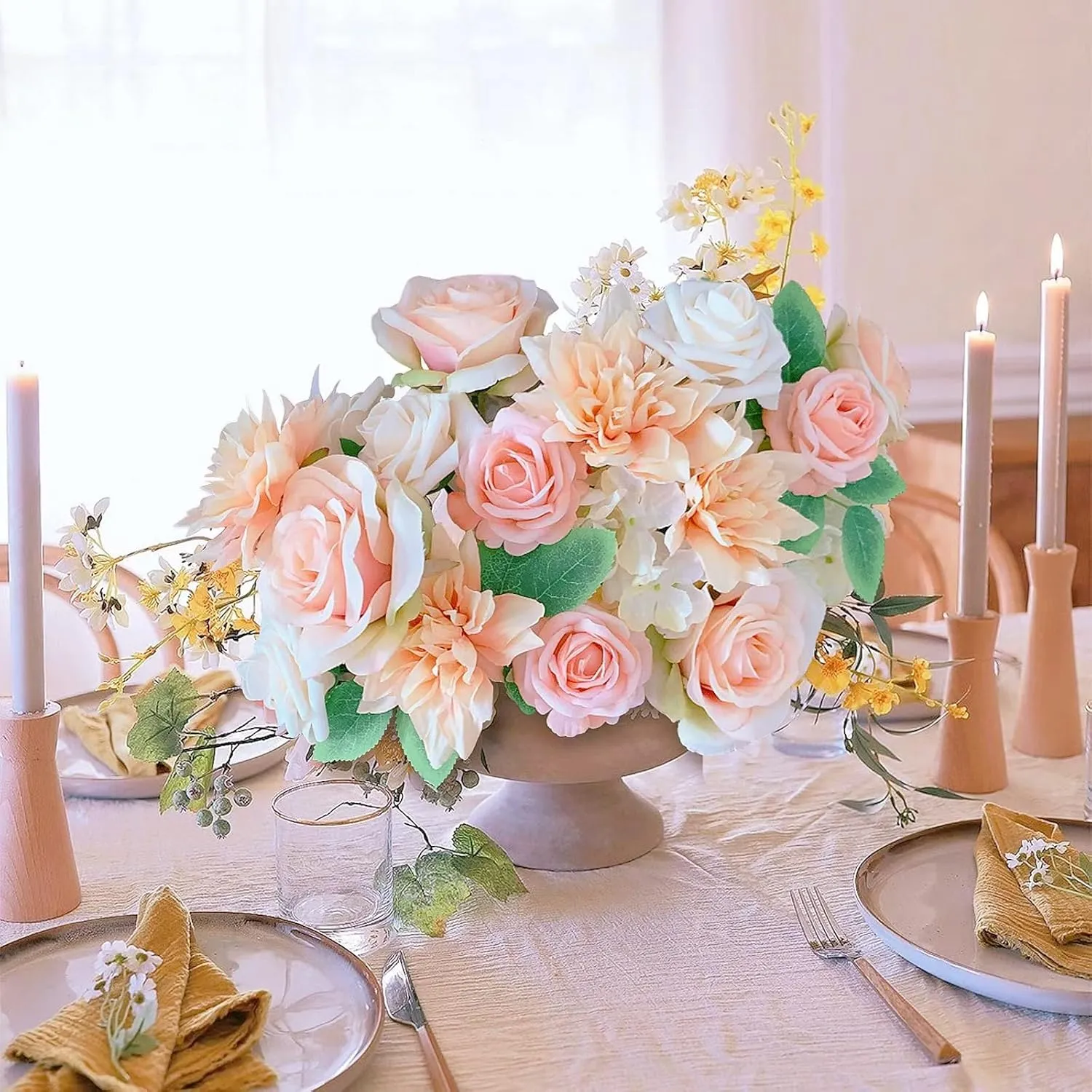 Roses Artificial Flowers Peach Bouquet Box Set Fake Flower for DIY Bridal Wedding Shower Decorations Table Centerpieces Faux Silk Floral Arrangement for Party Home Decor Indoor Pink