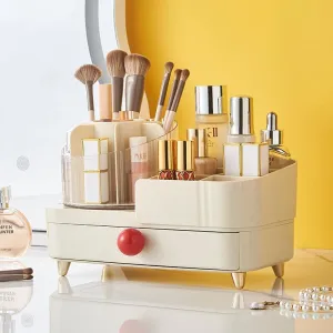 Rotating Makeup Organizer with Drawer Makeup Countertop Organizer for Vanity with Makeup Brush Holder Cosmetic Display Case Storage for Lipstick Facial Mask Perfume (Ball Handle)