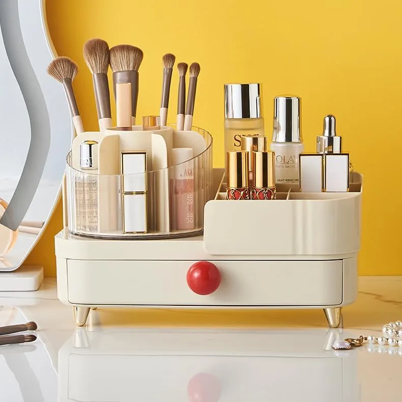 Rotating Makeup Organizer with Drawer Makeup Countertop Organizer for Vanity with Makeup Brush Holder Cosmetic Display Case Storage for Lipstick Facial Mask Perfume (Ball Handle)