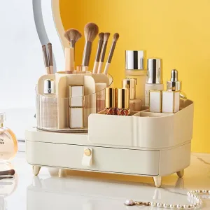 Rotating Makeup Organizer with Drawer Makeup Countertop Organizer for Vanity with Makeup Brush Holder Cosmetic Display Case Storage for Lipstick Facial Mask Perfume (Strip Handle)
