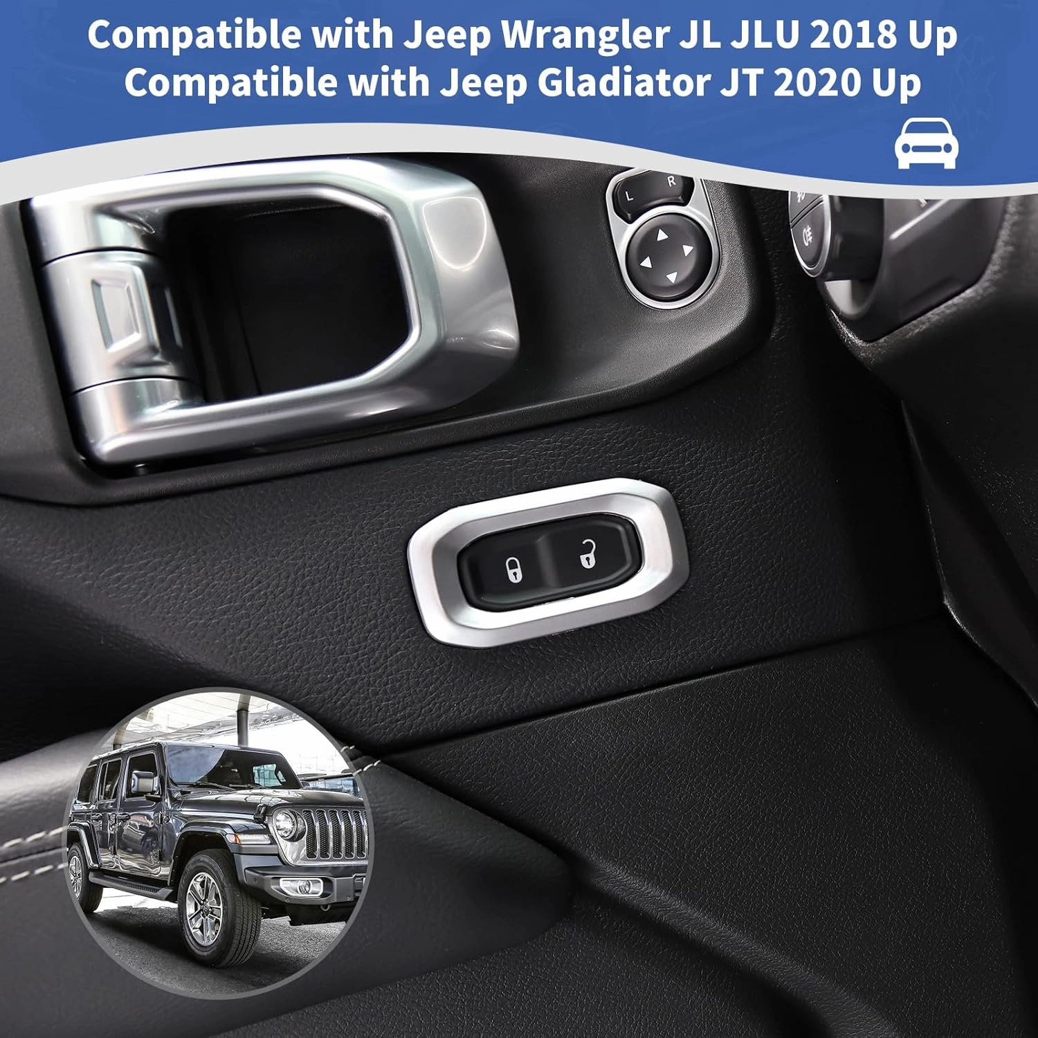 RT-TCZ for Wrangler JL Door Lock Switch Button Trim Cover Silver for Jeep Wrangler JL JLU Gladiator JT 2018-2024 Silver Interior Accessories 2pcs