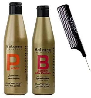 Salerm Cosmetics PROTEIN Shampoo & Conditioner DUO Set (with Sleek Steel Pin Tail Comb) Keratin Silk Protein (9 oz   8.6 oz - ORIGINAL COMBO KIT)