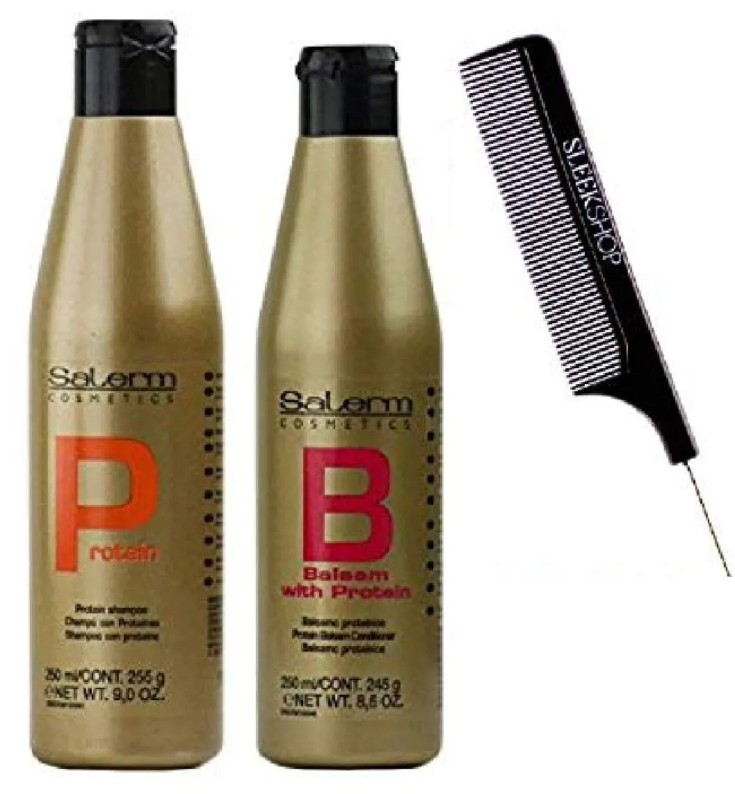 Salerm Cosmetics PROTEIN Shampoo & Conditioner DUO Set (with Sleek Steel Pin Tail Comb) Keratin Silk Protein (9 oz   8.6 oz - ORIGINAL COMBO KIT)
