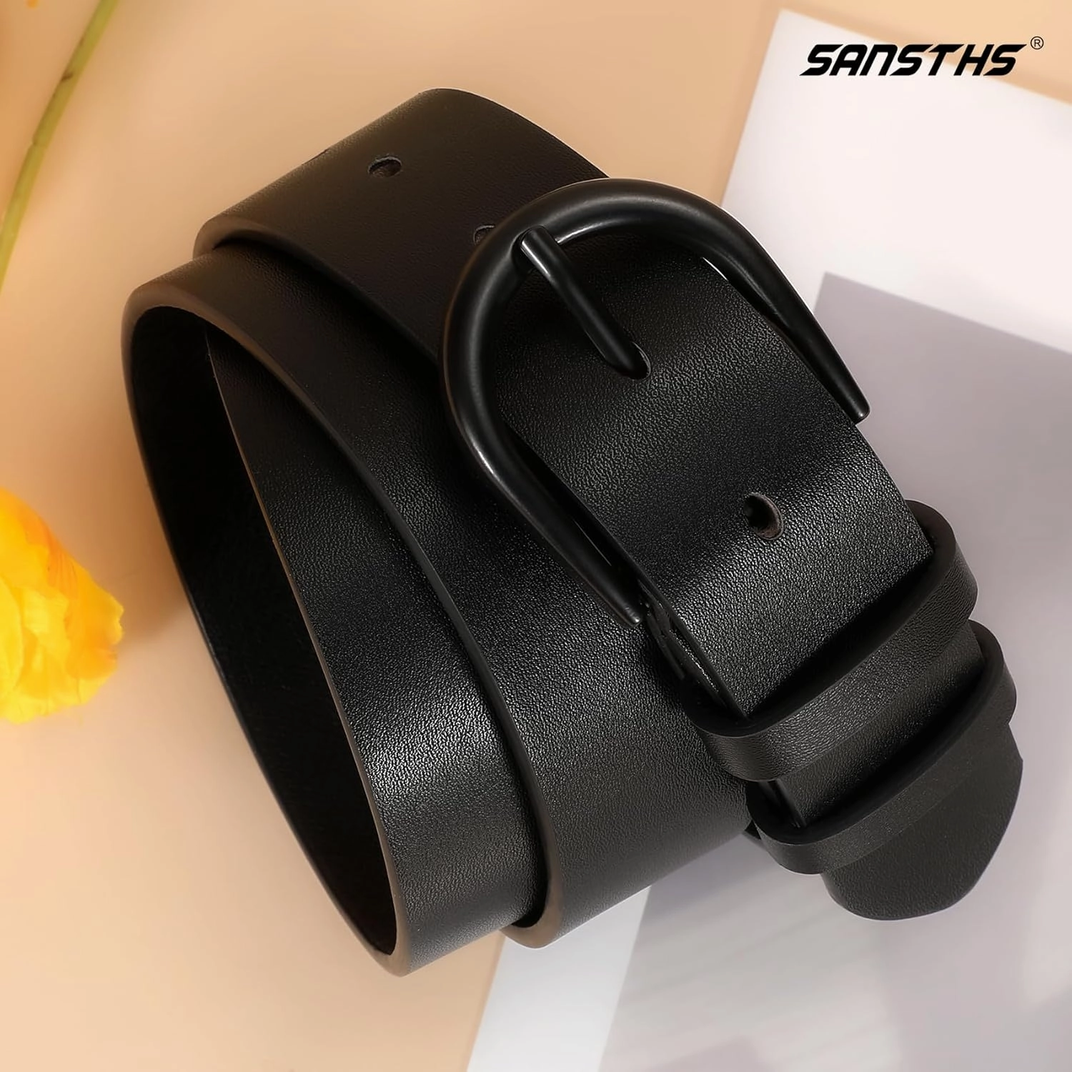SANSTHS Women Leather Belt for Jeans Pants Dresses Black Ladies Waist Belt with Black Buckle