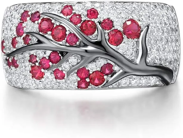 Santuzza 925 Sterling Silver Cherry Ring Cubic Zirconia Tree Branches Ring for Women