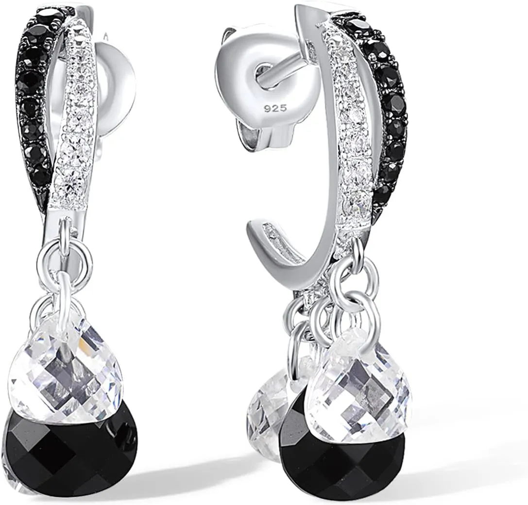 Santuzza 925 Sterling Silver Gemstone Onyx Dangling Huggie Earrings for Women