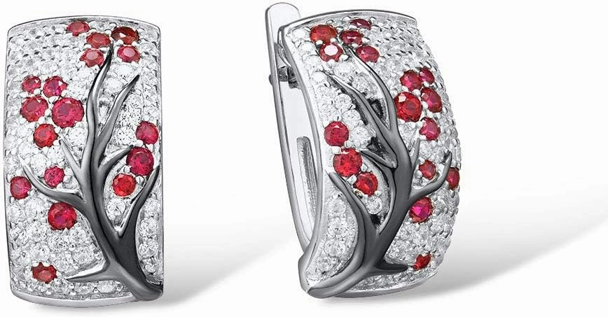 Santuzza 925 Sterling Silver Cherry Earrings Cubic Zirconia Tree Branches Dangle Earrings for Women