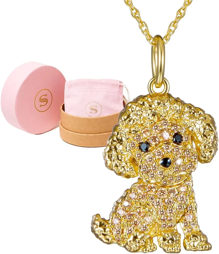 SCAMPER & CO Dog Breed Cubic Zirconia Puppy Charm Pendant Necklaces for Women - Genuine Gemstone with Elegant Backplate, Premium Plated Sterling Silver Necklace for Women Easy Closure 18 to 20 inch