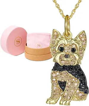 SCAMPER & CO Dog Breed Cubic Zirconia Puppy Charm Pendant Necklaces for Women - Genuine Gemstone with Elegant Backplate, Premium Plated Sterling Silver Necklace for Women Easy Closure 18 to 20 inch