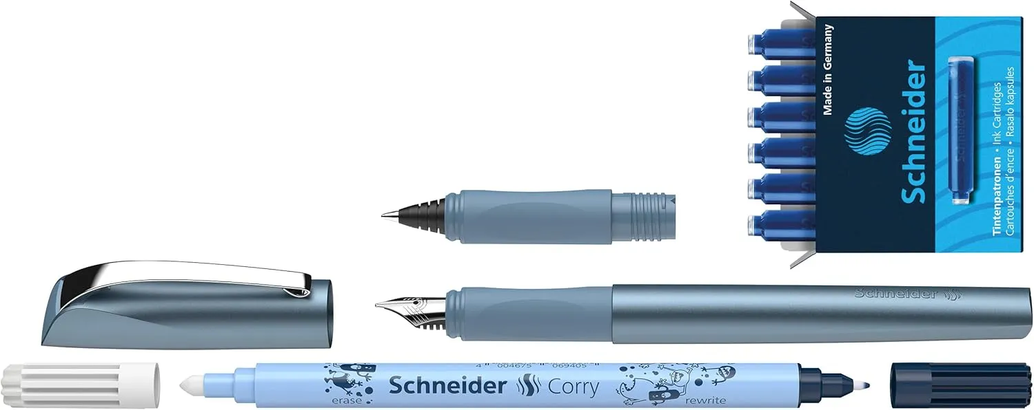 Schneider 74863 Ceod Shiny Writing Set with Fountain Pen, Rollerball Pen, Ink Killer (Right and Left-Handed Users, Medium Nib, Includes Royal Blue) Pacific Blue 9-Piece Set (1 Pack)