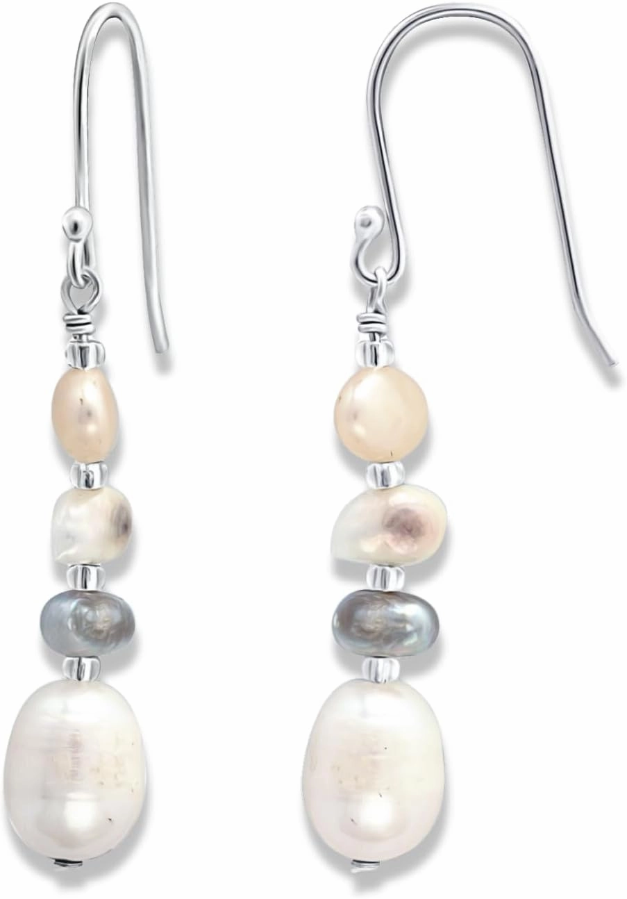 Sea of Ice Pearl Dangle Earrings – Freshwater Cultured Pearl Drop Earrings for Women – Dangle Pearl Earrings with Multi-Colored Natural Pearls – Premium 925 Sterling Silver Hook Earrings