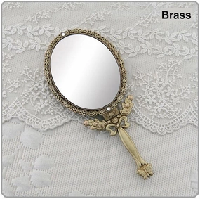 SEHAMANO Butterfly Designed Double Sided Magnification Hand Held Makeup Metal Mirror Folding Handle Stand Travel Mirror (Medium, Brass)