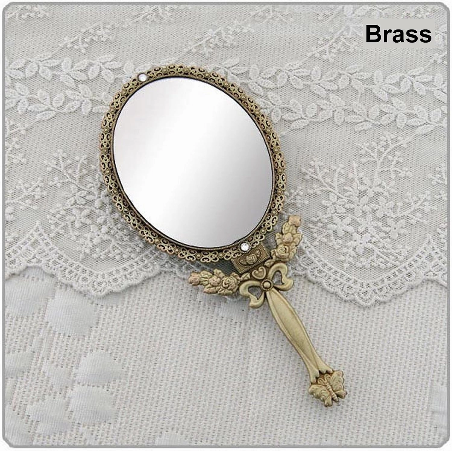 SEHAMANO Butterfly Designed Double Sided Magnification Hand Held Makeup Metal Mirror Folding Handle Stand Travel Mirror (Medium, Brass)