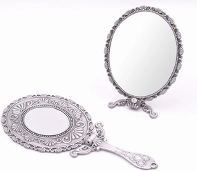 SEHAMANO Vintage Double Sided Handheld Makeup Metal Mirror/Folding Handle/Stand Travel Mirror/Back Sided Magnification/Folding Type Mirror (Matt Grey (Tin))