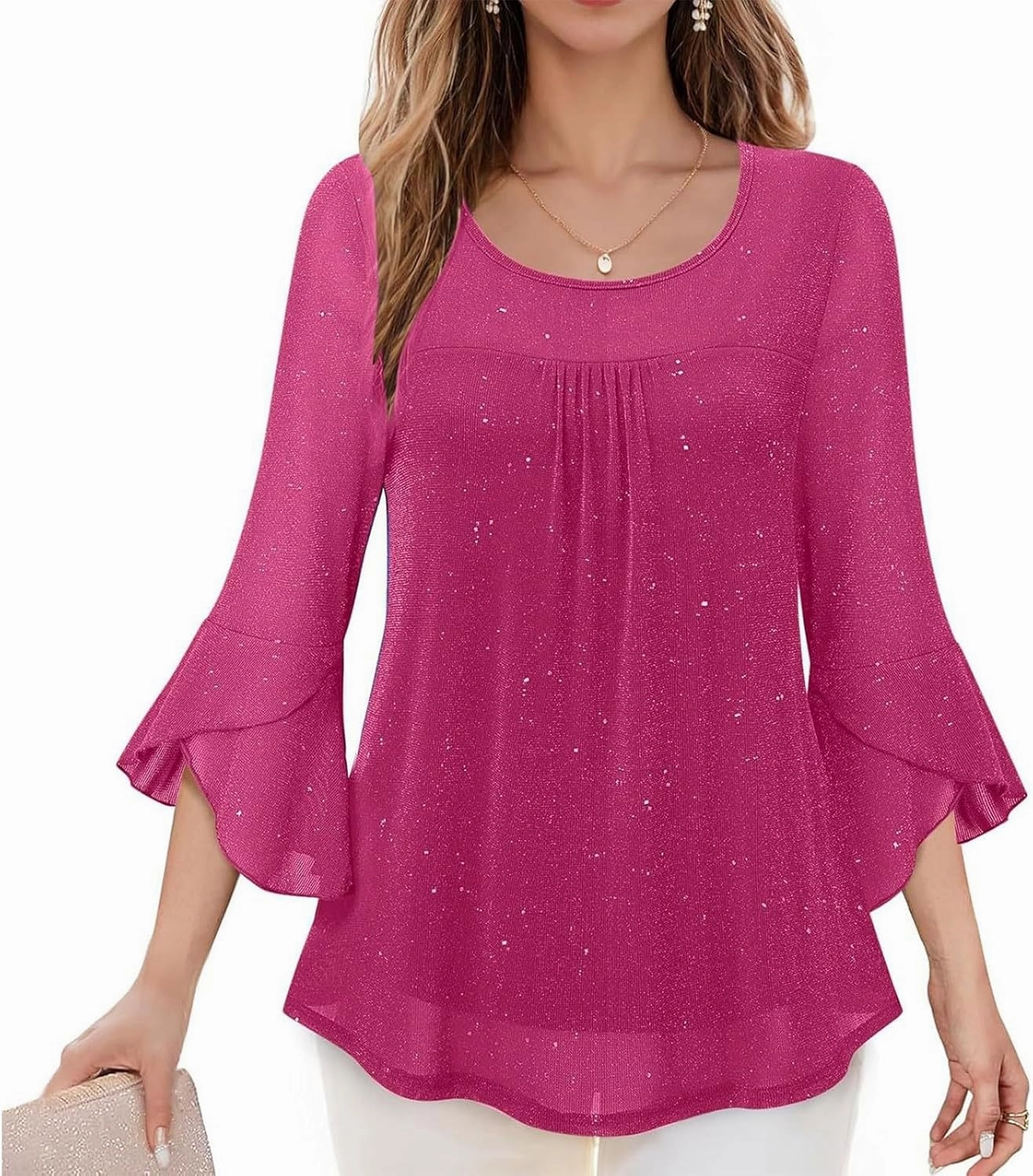 Sequin Tops for Women Ruffle 3/4 Sleeve Glitter Sparkly Tops Crew Neck Party Shirts Elegant Double Layers Mesh Tunic Tops