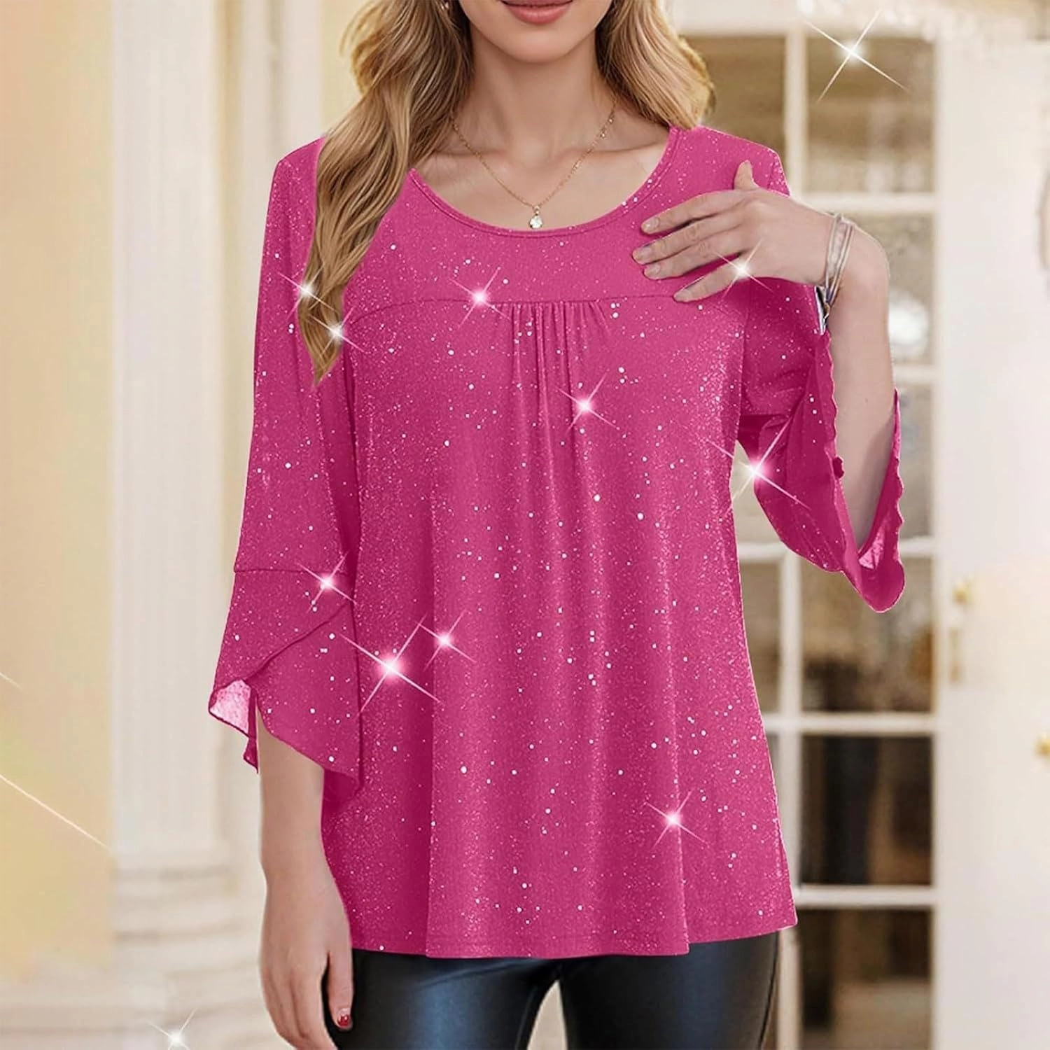 Sequin Tops for Women Ruffle 3/4 Sleeve Glitter Sparkly Tops Crew Neck Party Shirts Elegant Double Layers Mesh Tunic Tops